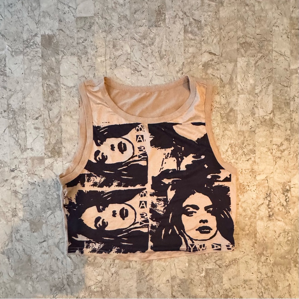 Tan and Black Sleeveless Graphic Crop Tank Top